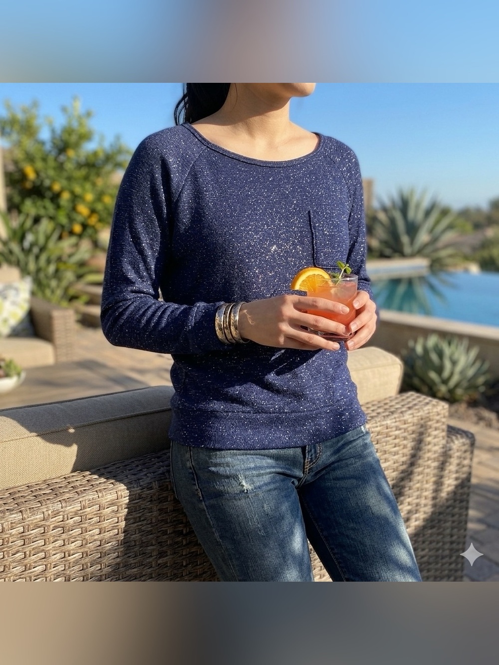 Forever 21 Navy Blue Metallic Shimmer Slouchy Pocket Sweater S